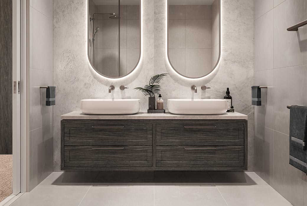 Sophisticated bathrooms with marble feature wall