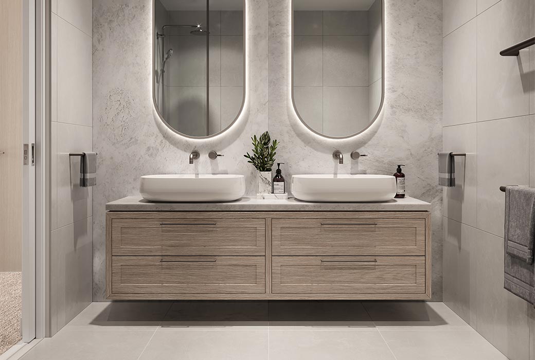 Sophisticated bathrooms with marble feature wall